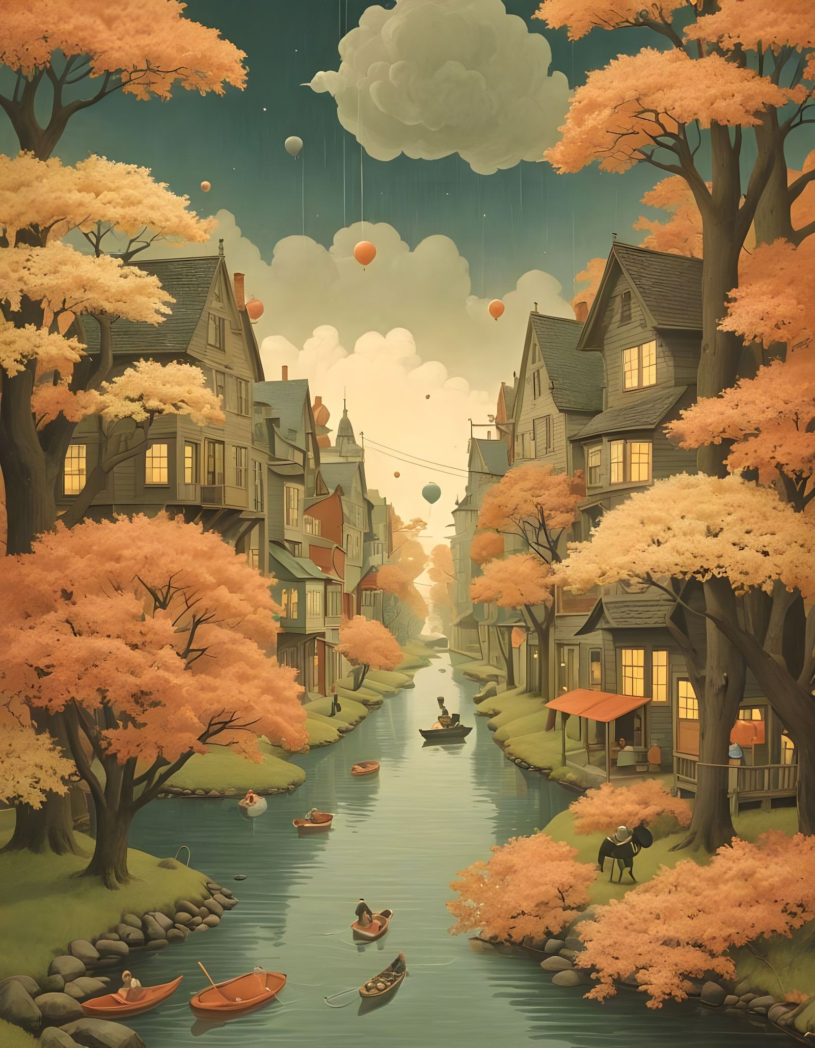 Eerie Village Canal Scene in Chris Van Allsburg Style