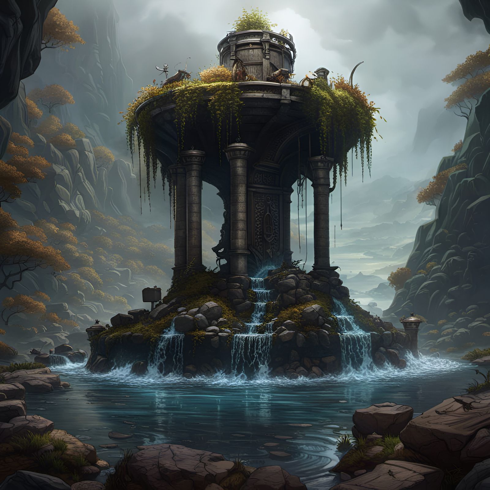 Mountain Well in Dark Fantasy Style