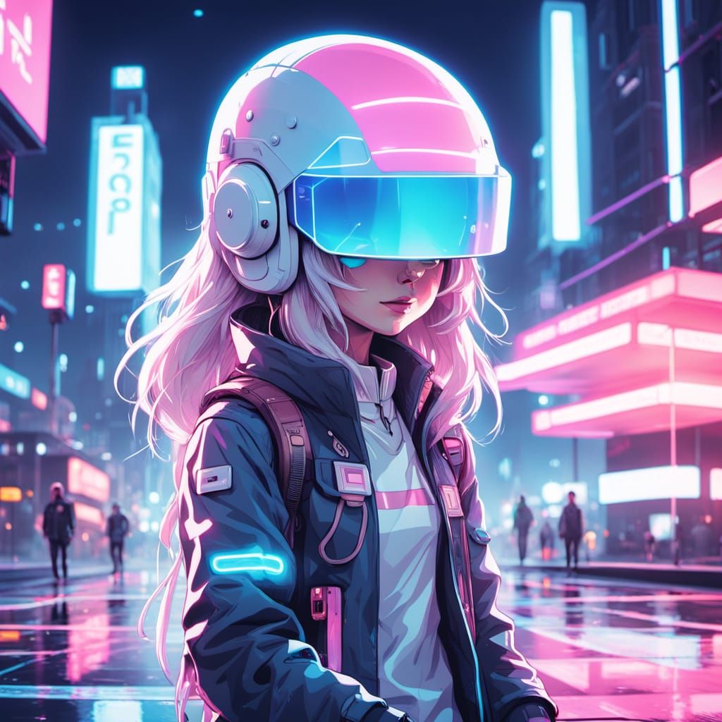 Futuristic Marshmello in Neon-Lit Cityscape