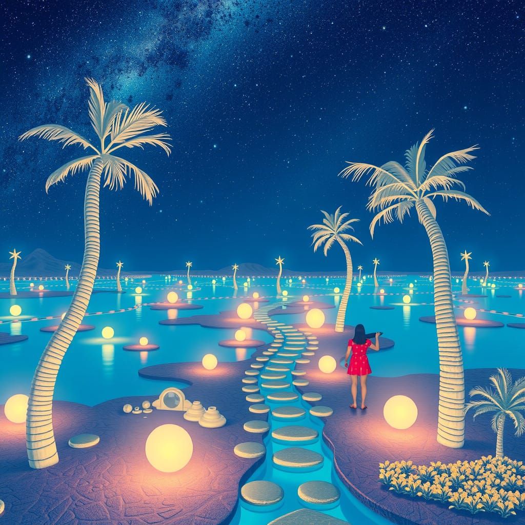 Surreal Noctilucent Oasis Labyrinth in Ethereal Colors