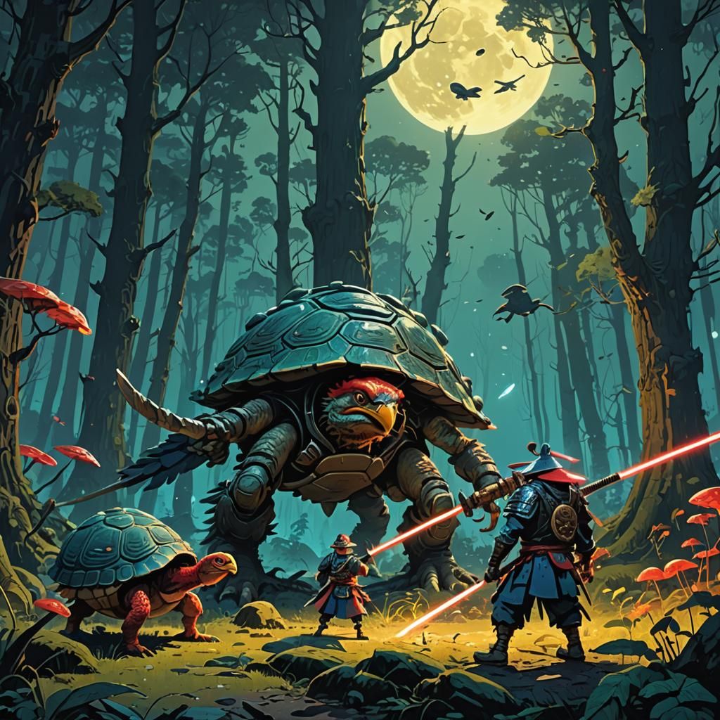 Chicken Warrior and Turtle Samurai Duel in Moonlit Forest