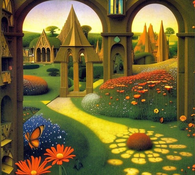 Sunrise Garden with Gothic Archways, Art Nouveau Style