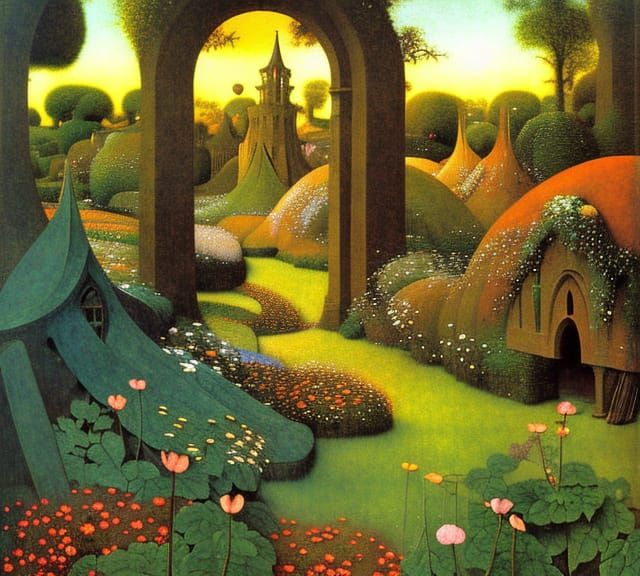 Sunrise Garden with Wildflowers in Art Nouveau Style