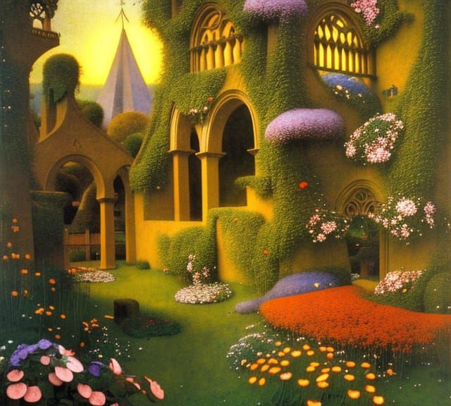 Sunrise Garden with Gothic Archways in Art Nouveau Style