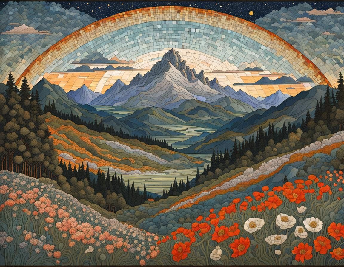 Mountain Floral Landscape in Fairy Tale Style