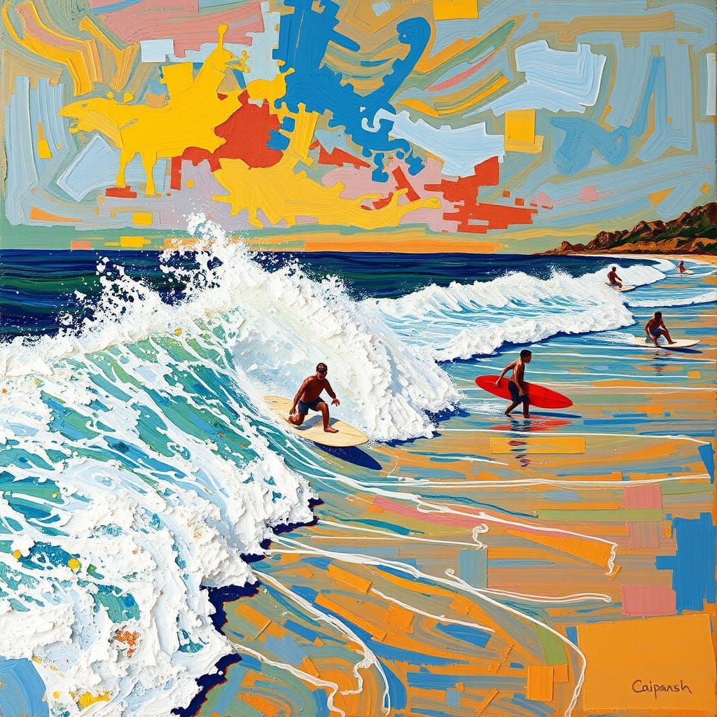 Vibrant Surf Culture in Neo-Expressionist Style