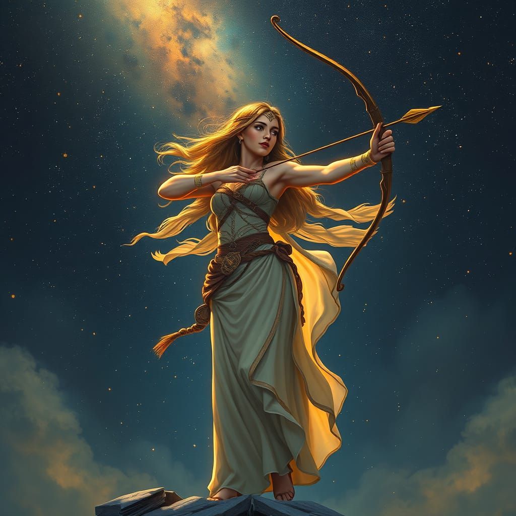 Realistic Sagittarius Goddess with Bow and Arrow in Starry N...