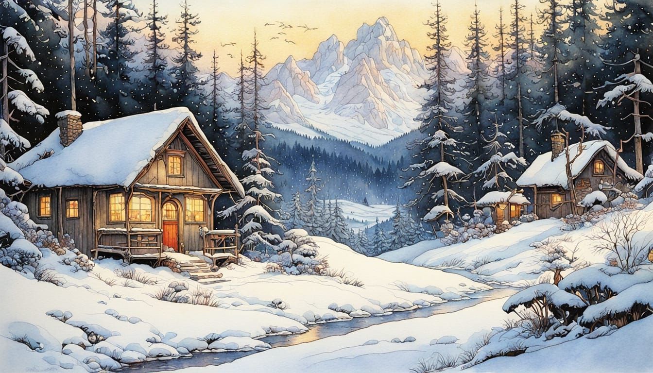 Winter Cabin Landscape in Storybook Watercolor Style