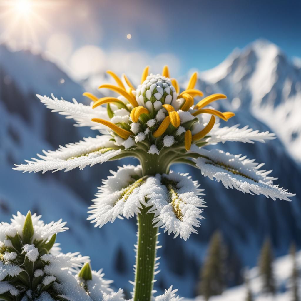 Edelweiss in Snowy Alps with Floating Musical Notes