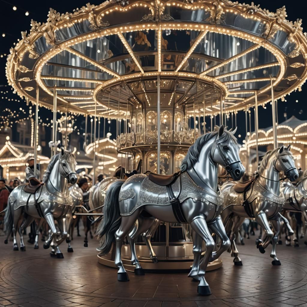 Silver Carousel Lit by Fairy Lights: 3D Render