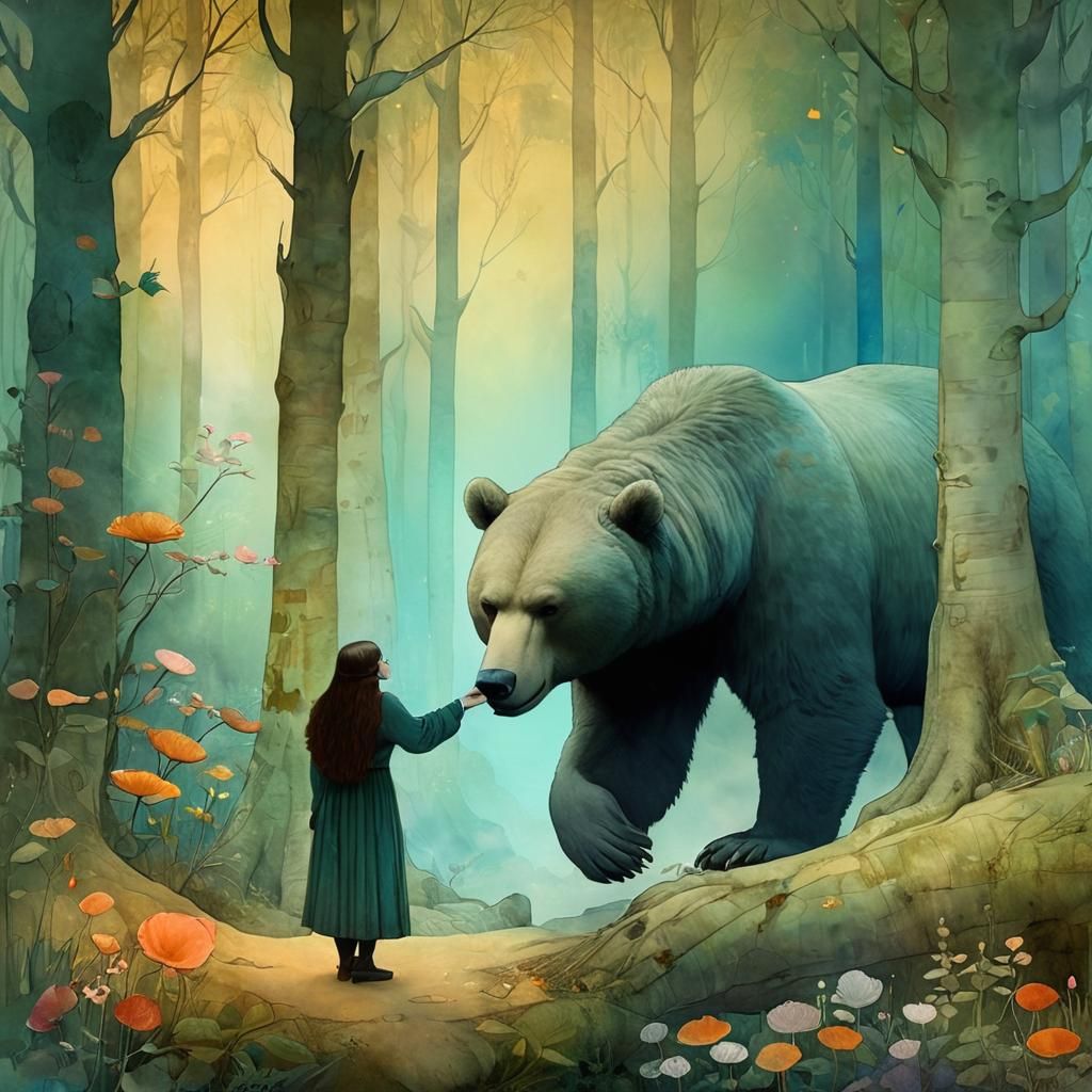 Enchanting Woman and Bear in Art Nouveau Forest