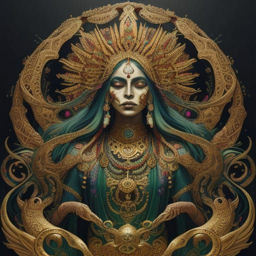 Serpentine Goddess in Golden Indian Attire Amidst Vibrant Fo...