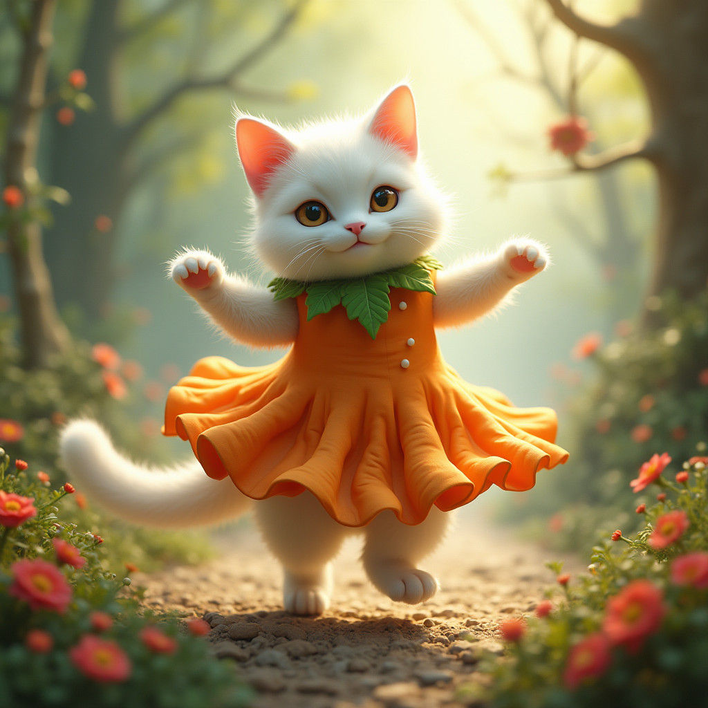 Cat in Carrot Costume Dancing in Dreamscape