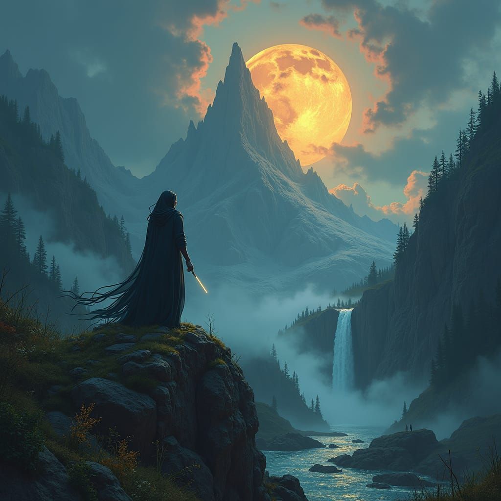 Epic Medieval Sorceress in Mystical Landscape