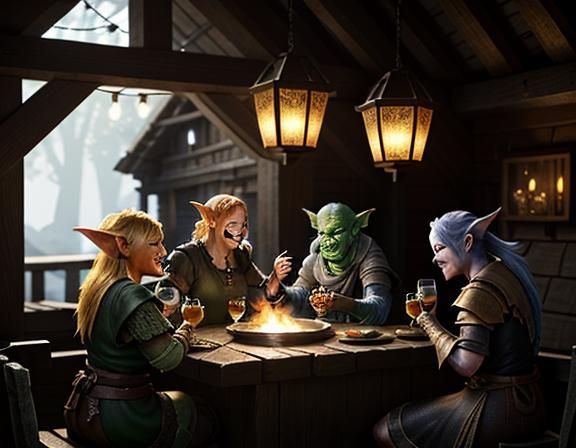 Female Goblins Enjoying Cocktails in Rustic Tavern