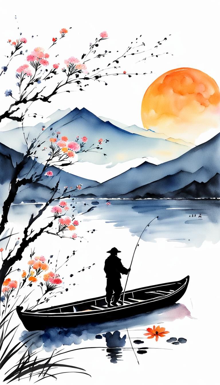 Minimalist Chinese Ink Painting of Angler at Sunset