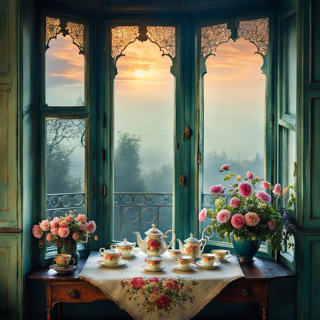 Vintage Floral Tea Service in Soft Evening Light