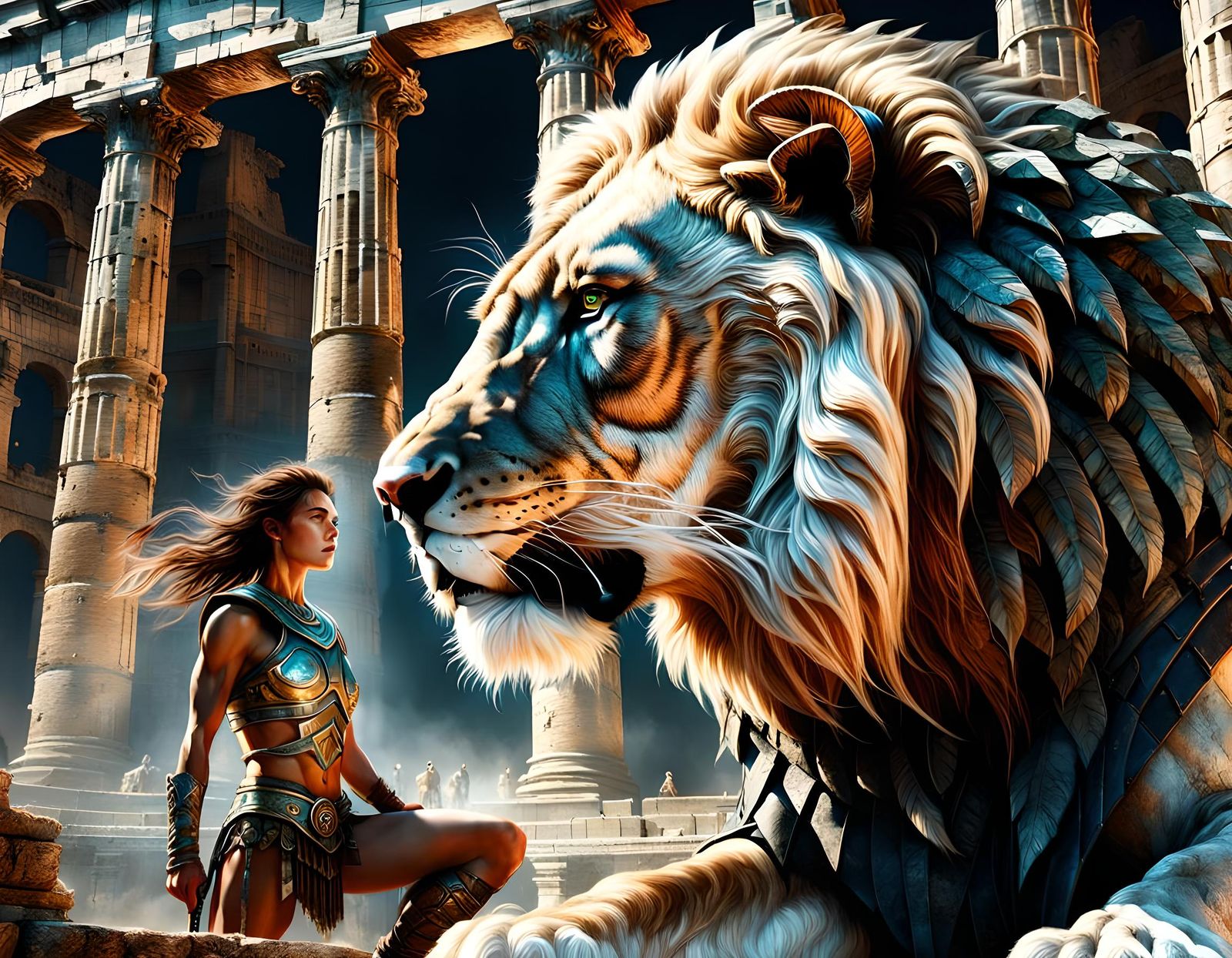 Female Gladiator with Lion in Ancient Colosseum