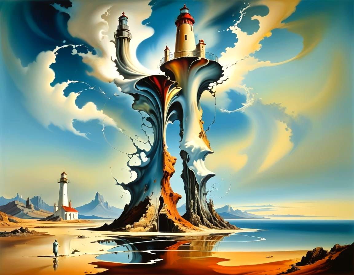 Surreal Landscape with Elastic Flora and Vortex Lighthouse