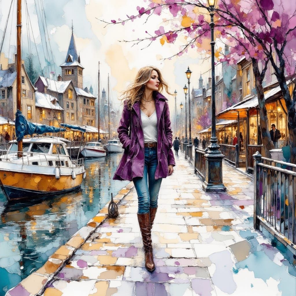 Woman Walking Boardwalk in Winter Cityscape