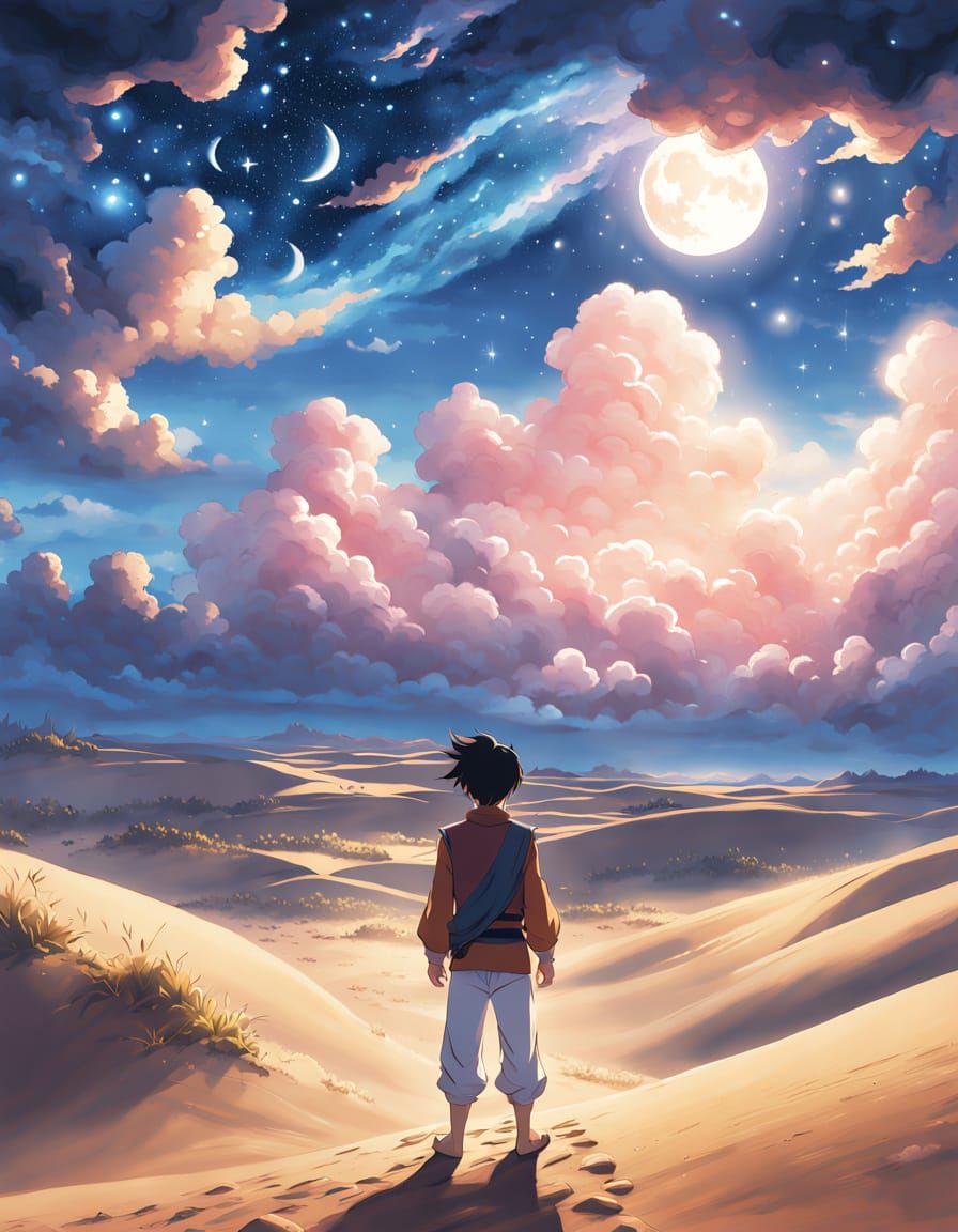 Anime Aladdin on Desert Dune Under Moonlight