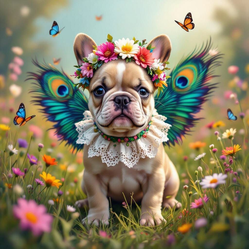French Bulldog Puppy with Peacock Wings in Flower Meadow