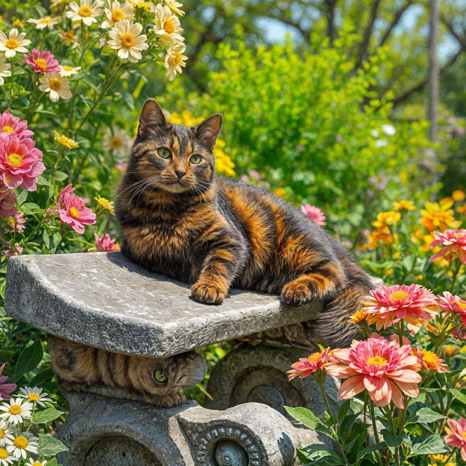 Tortoiseshell Cat in Spring Garden, Digital Art
