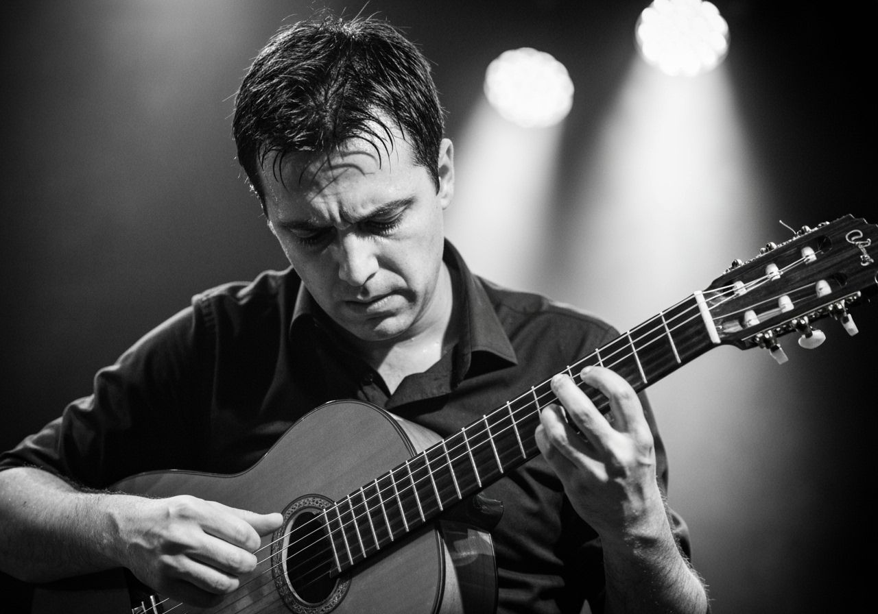 Photorealistic Black and White Guitarist in Spotlight