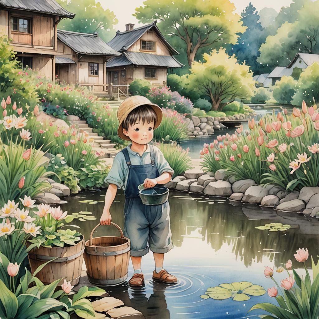 "A cute realistic 4-year-old boy holding a wooden bucket of ...