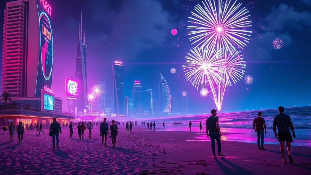 Cyberpunk Beachscape with Neon Lights and Fireworks