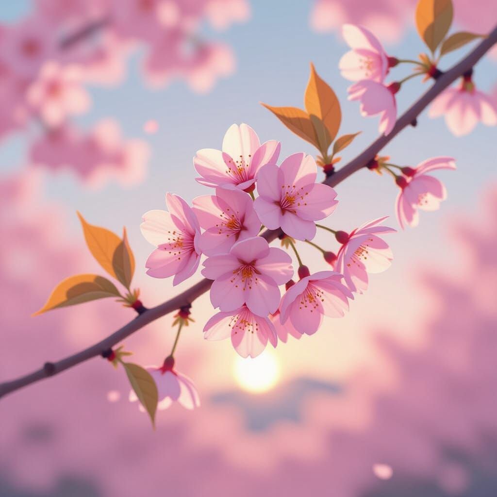 Soft Focus Cherry Blossom Branch in Pastel Sky