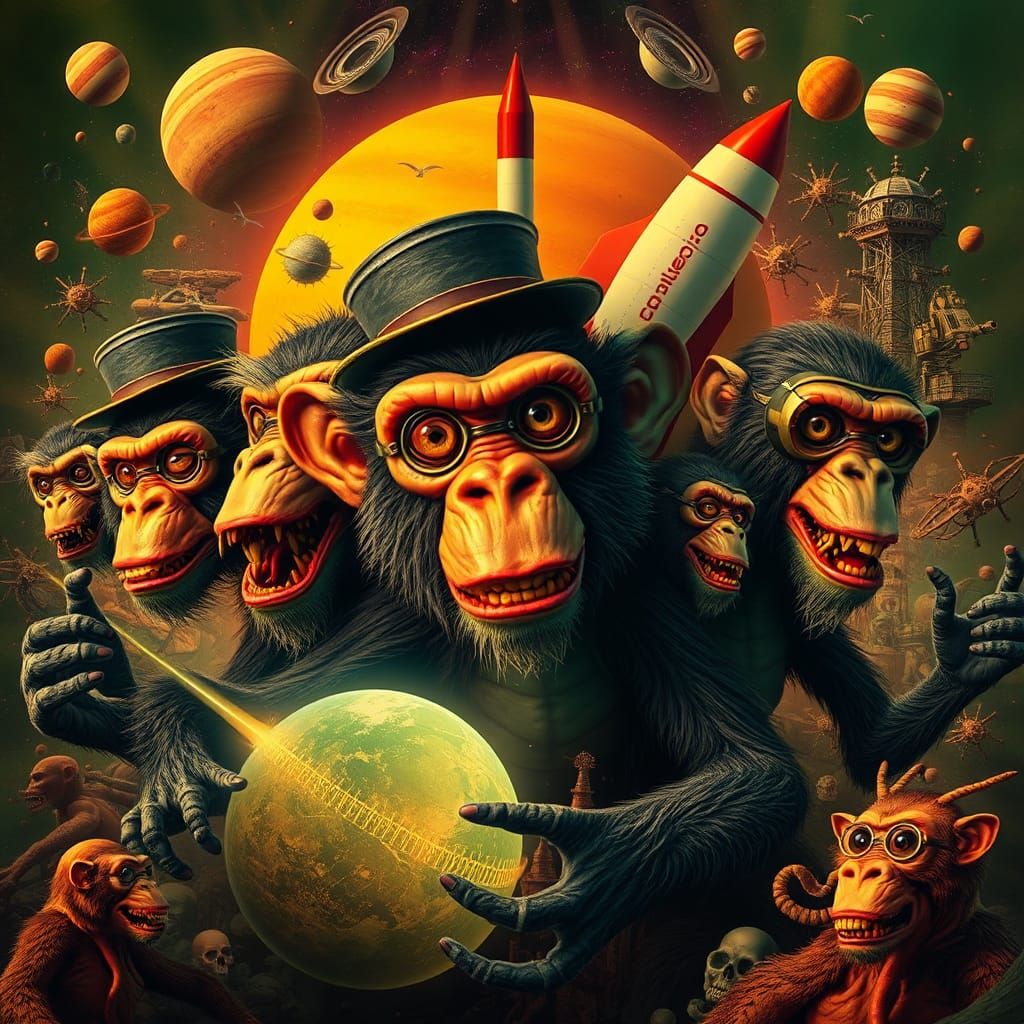 Psychedelic Monkey Collage in Hyper-Realistic Digital Art