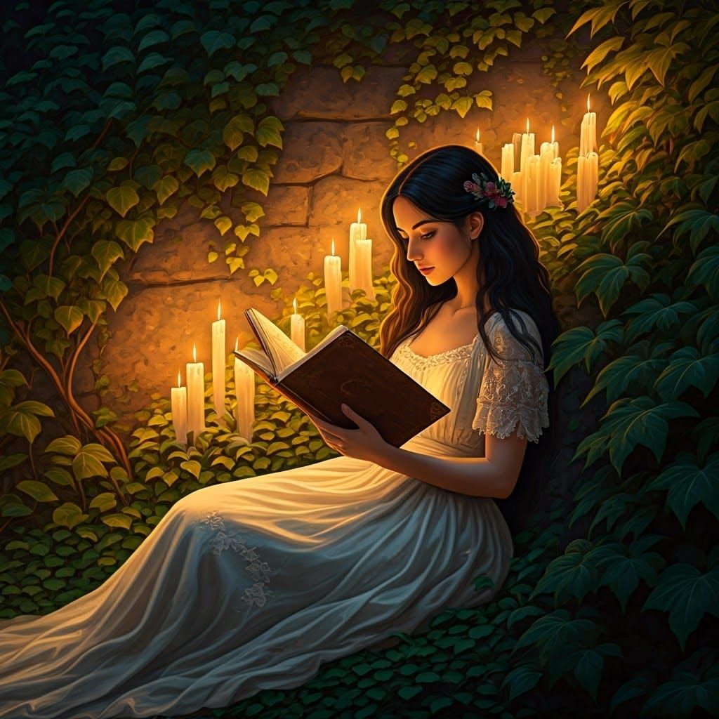Girl Reading by Candlelight in Storybook Garden