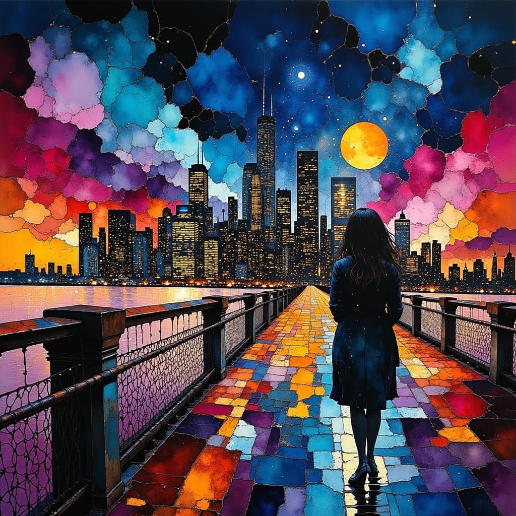 Vibrant Brooklyn Bridge Night Scene in Cyberpunk Aesthetic