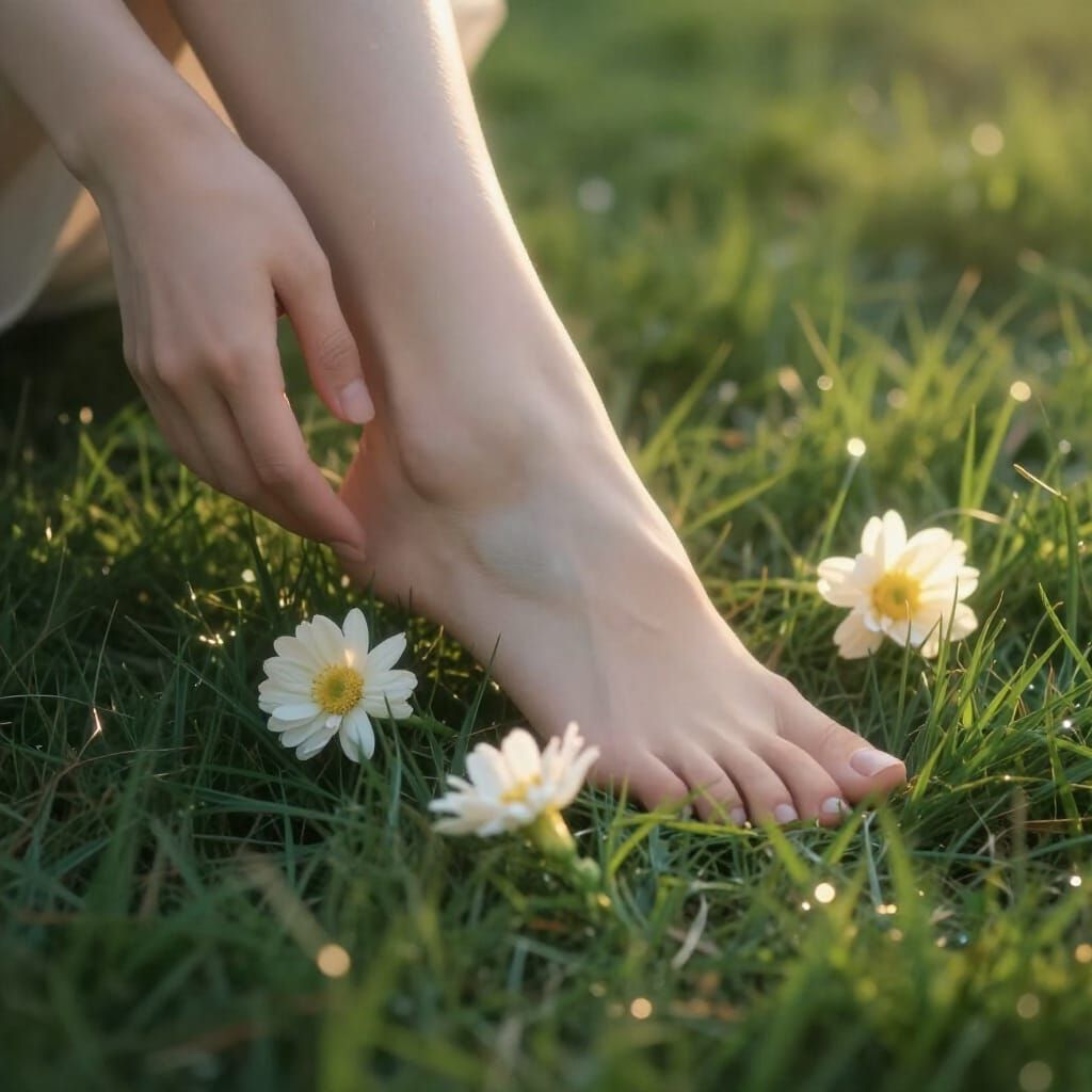 Ethereal Footstep: Flowers Bloom in Golden Hour Light