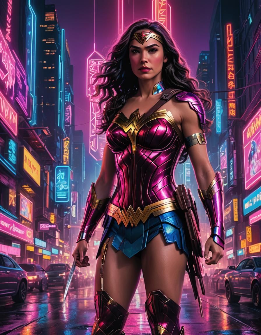 Wonder Woman in Neon Cityscape: Digital Portrait
