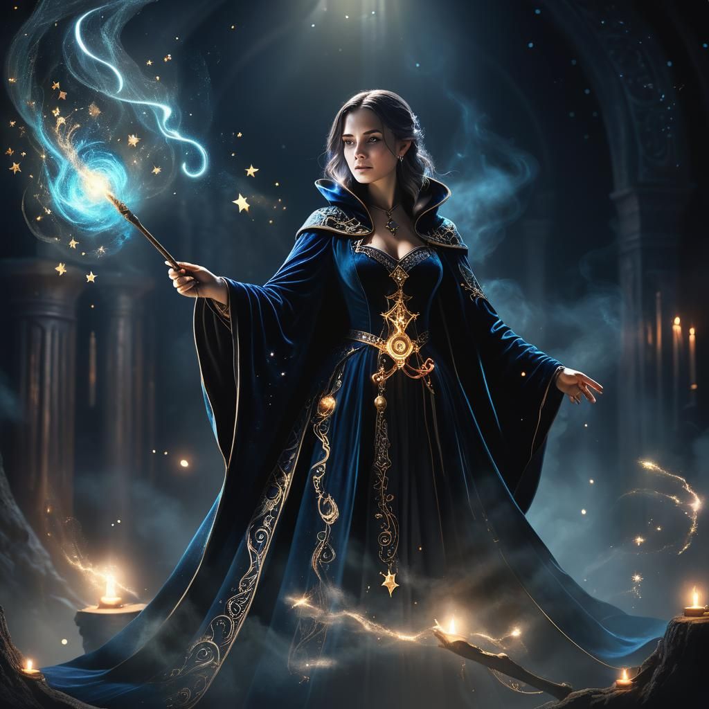 Mystical Female Magician Casting Spell in Dark Chamber