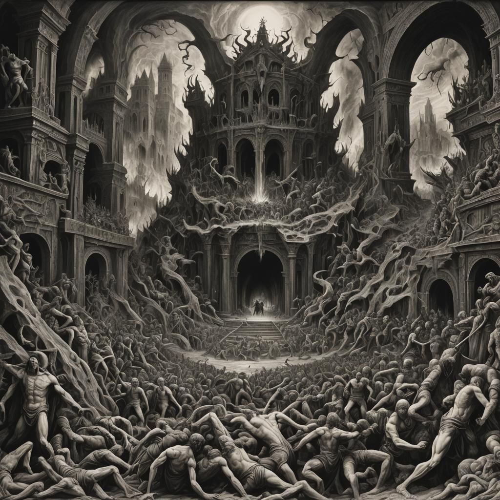 Hyperdetailed Charcoal Drawing of Dante's Inferno
