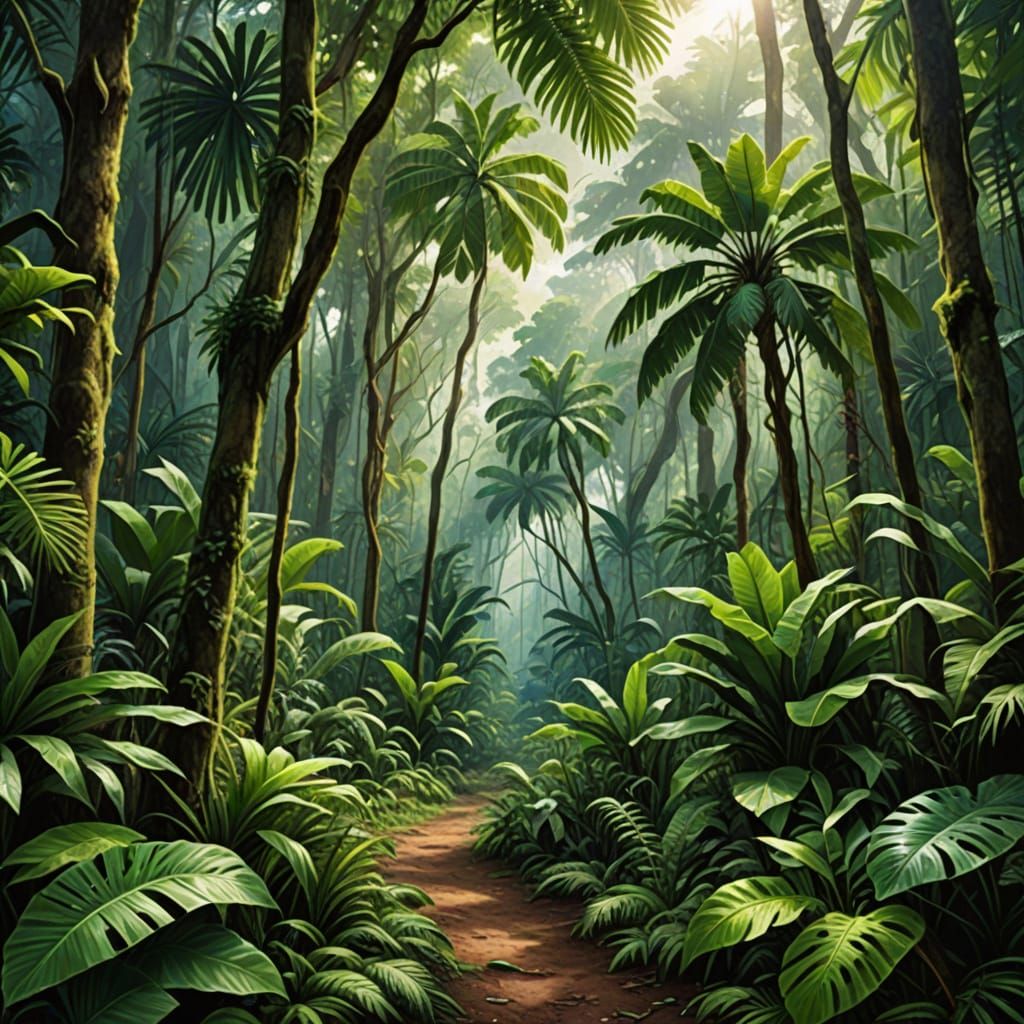 Vibrant Tropical Rainforest in Lush Greens and Warm Hues