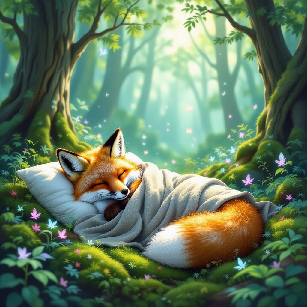 Sleeping Fox in Fairy Forest, Fantasy Art