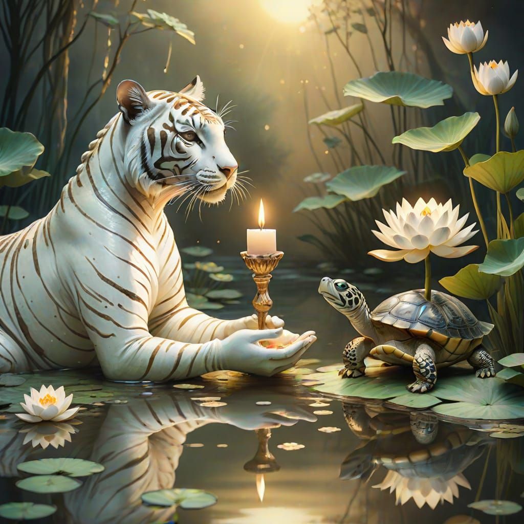 Whimsical White Tigeress with Lotus Flower and Candlelight