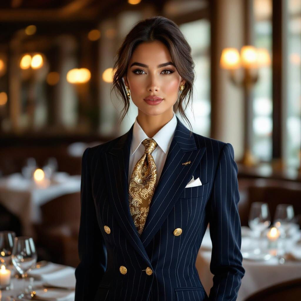 Elegant Woman in Pinstripe Suit in Upscale Restaurant
