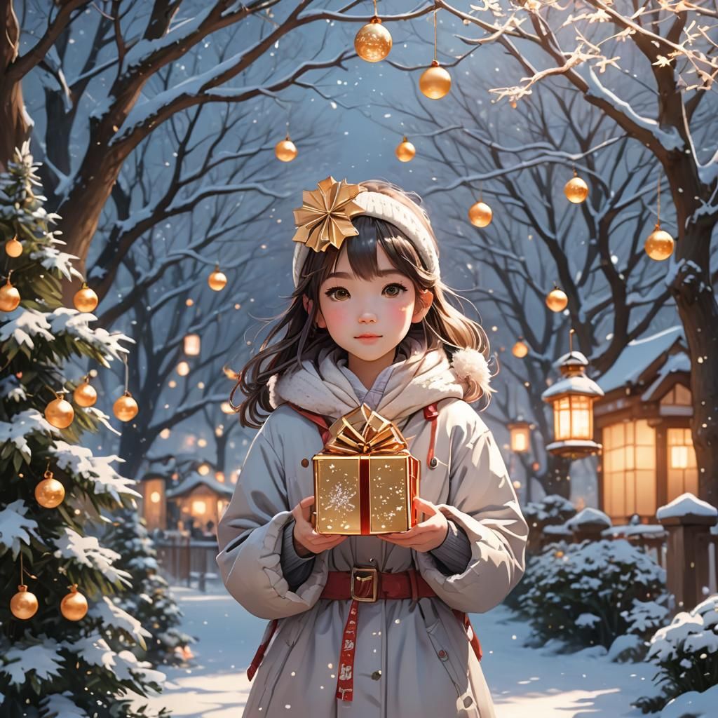 Young Girl in Winter Garden with Christmas Gift