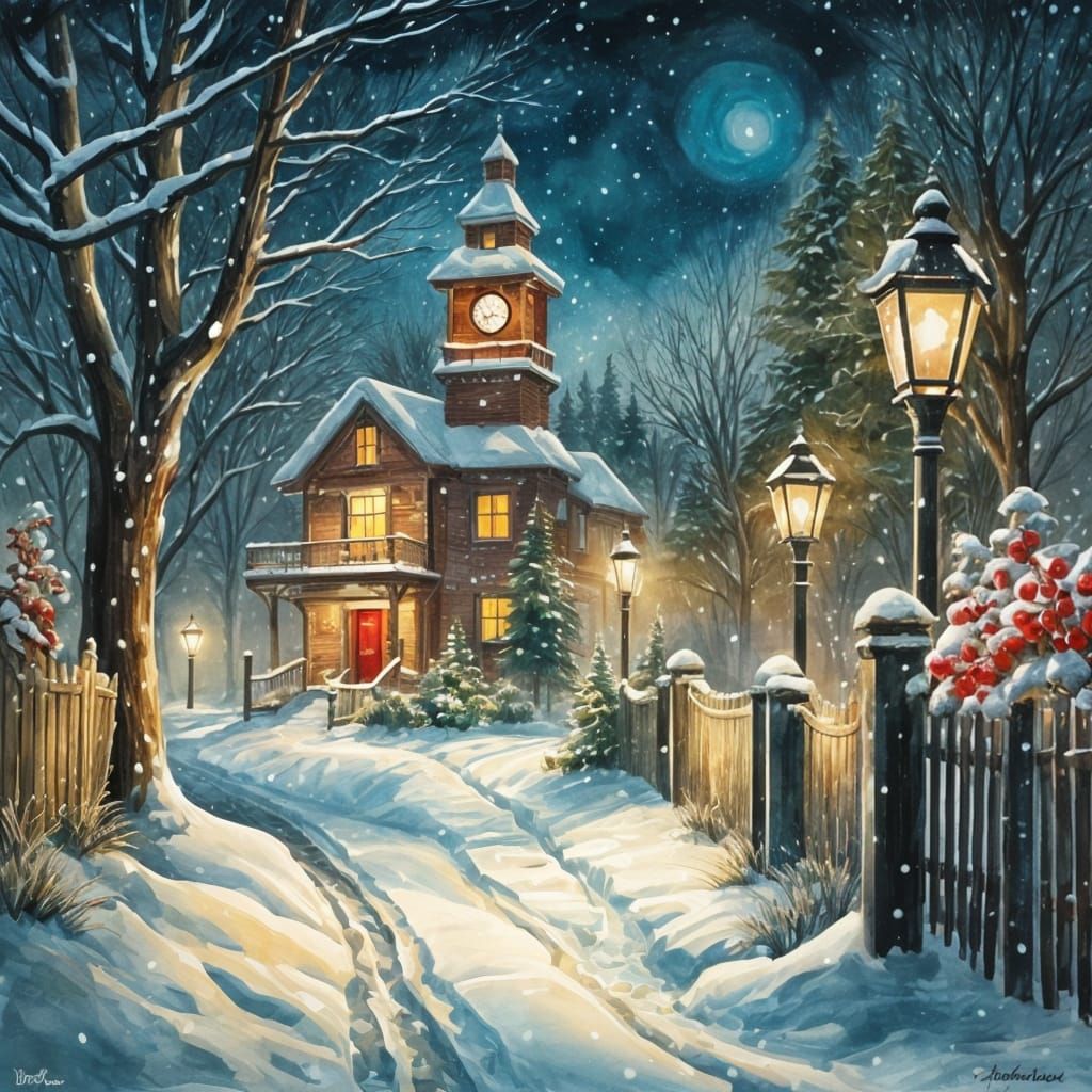 Winter Night Scene in Watercolor Style