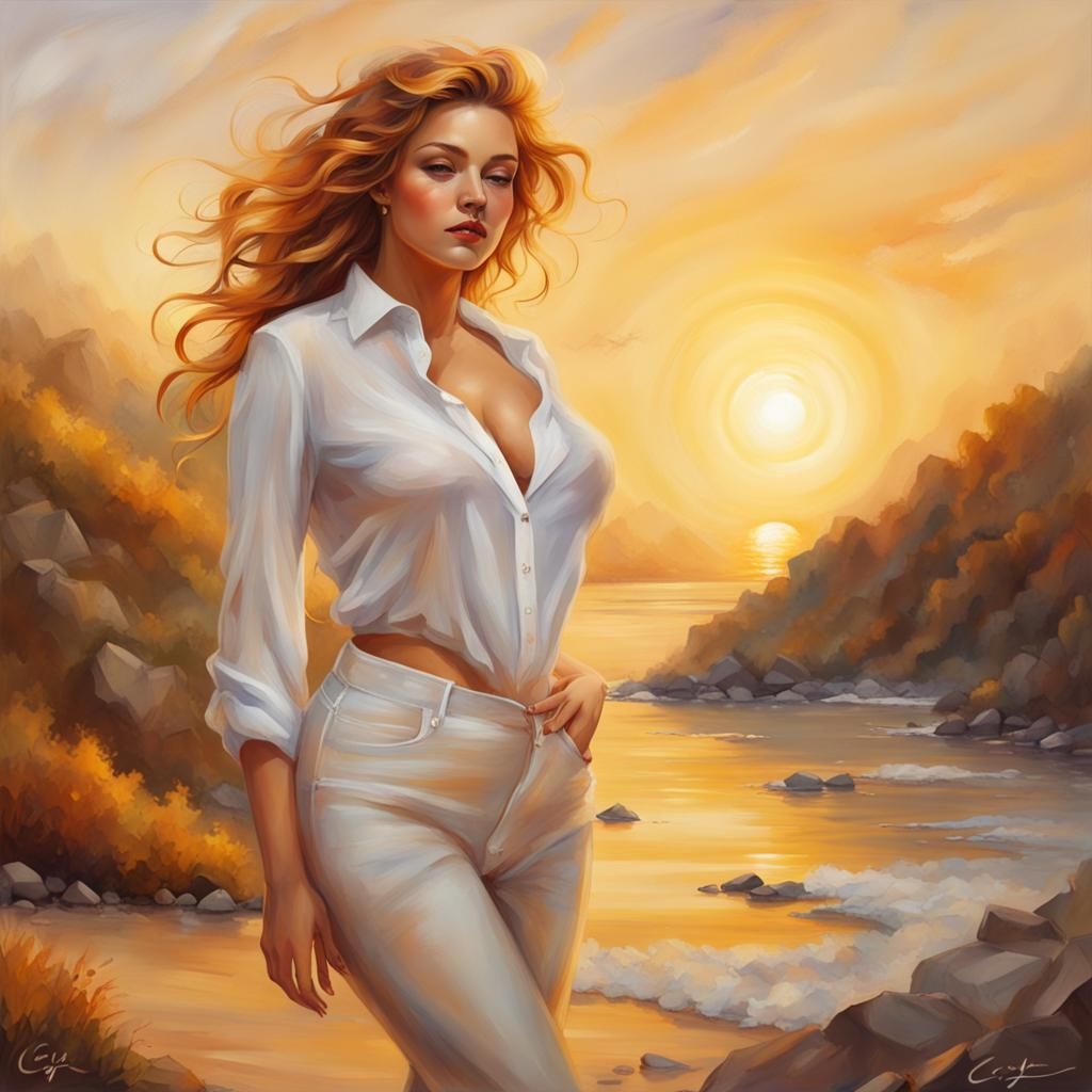 Curvy Woman in Soft, Romantic Landscape Style Painting
