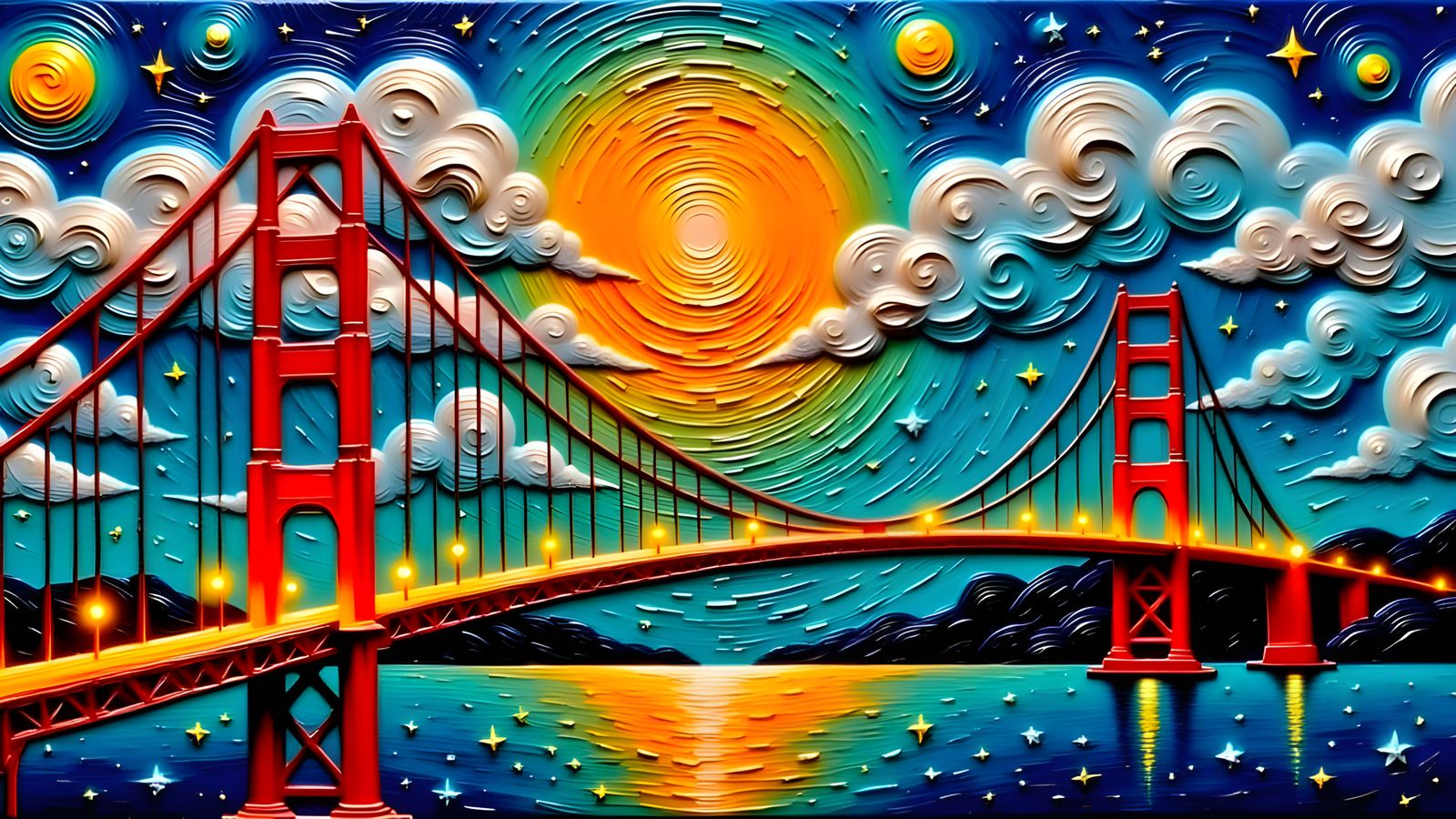 Golden Gate Bridge Under Starry Night Sky as Impasto Paintin...