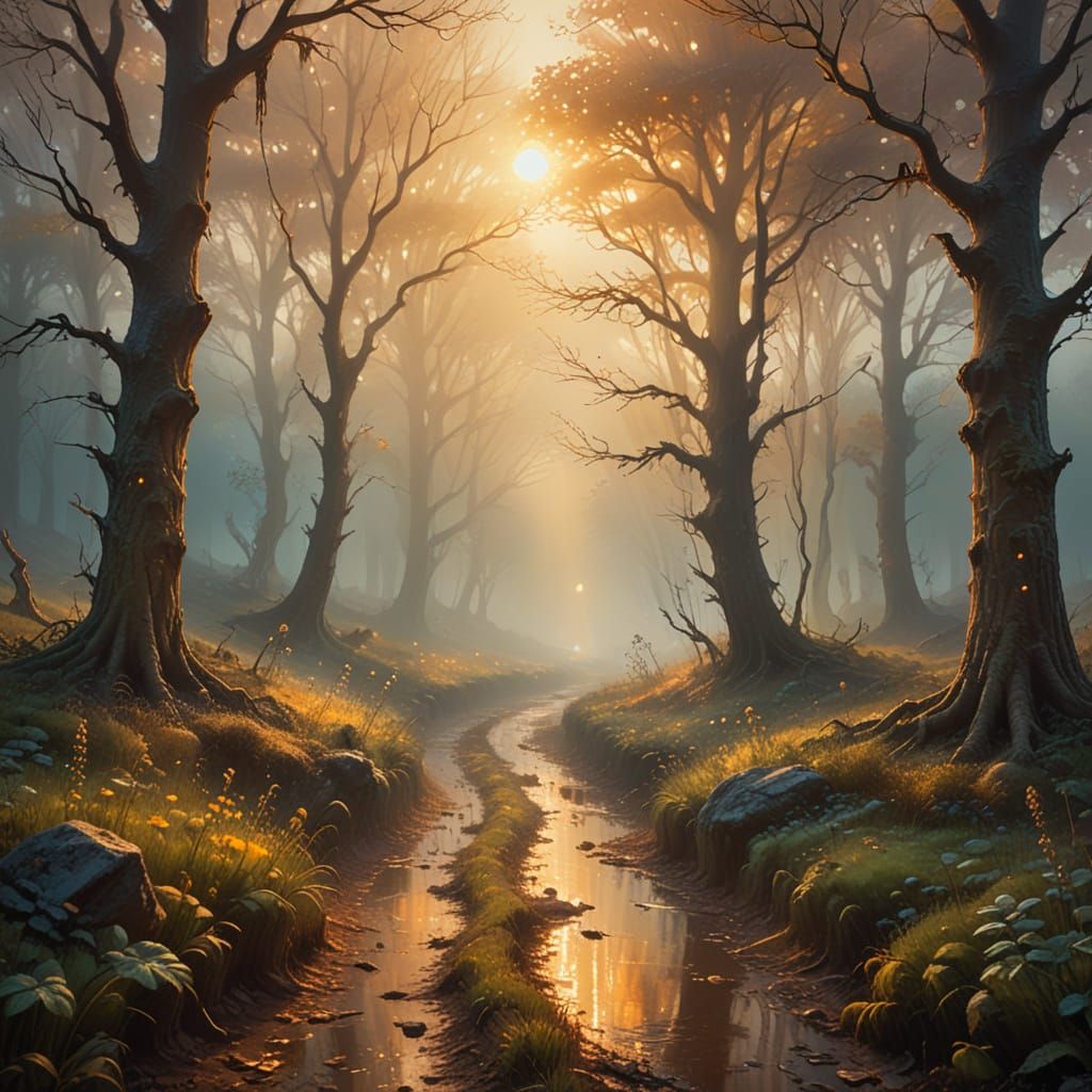 Surreal Path Vanishing into Mist as Oil Painting