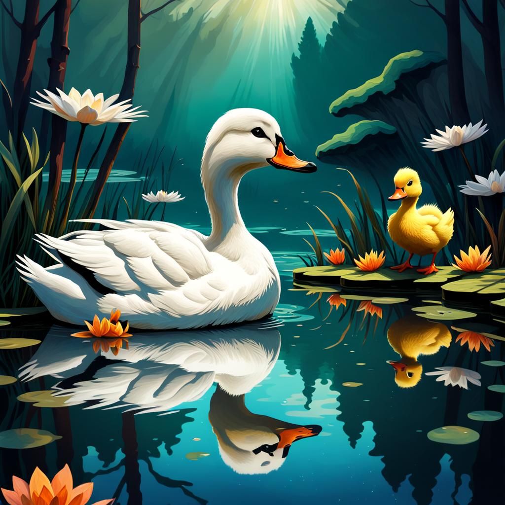 Duckling's Surreal Reflection: A Folk Art Swan