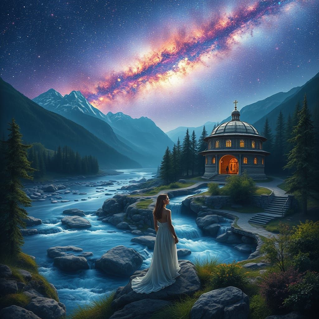 Woman by Stream with Milky Way, Cosmic Illustration