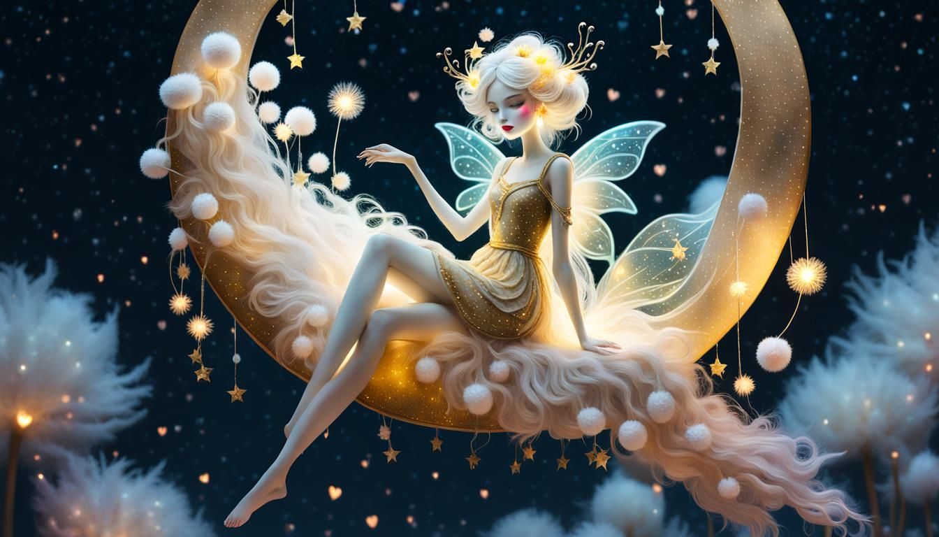 Magical Fairy on Crescent Moon in Dreamy Style